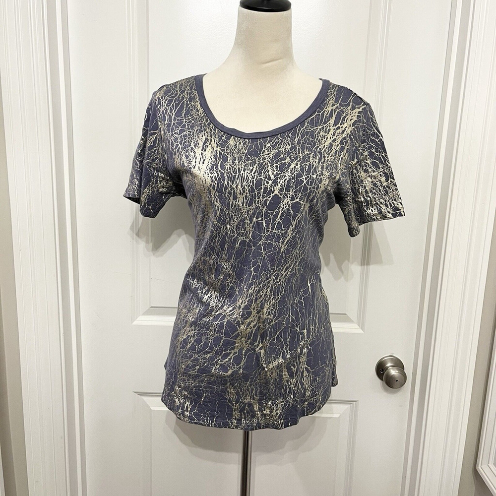 Andrea Jovine T Shirt Top Women LARGE Blue Gold Metallic Abstract Round Neck Tee